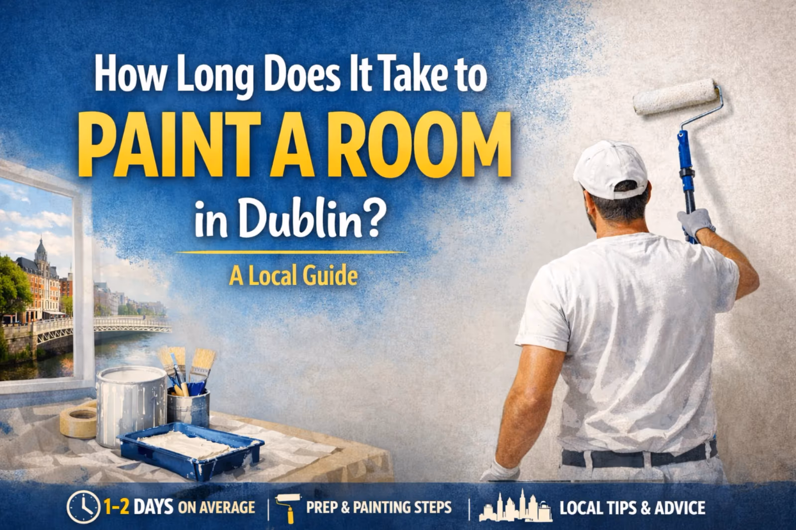 Painter rolling fresh paint onto a wall in a Dublin room, showing how long it takes to paint a room
