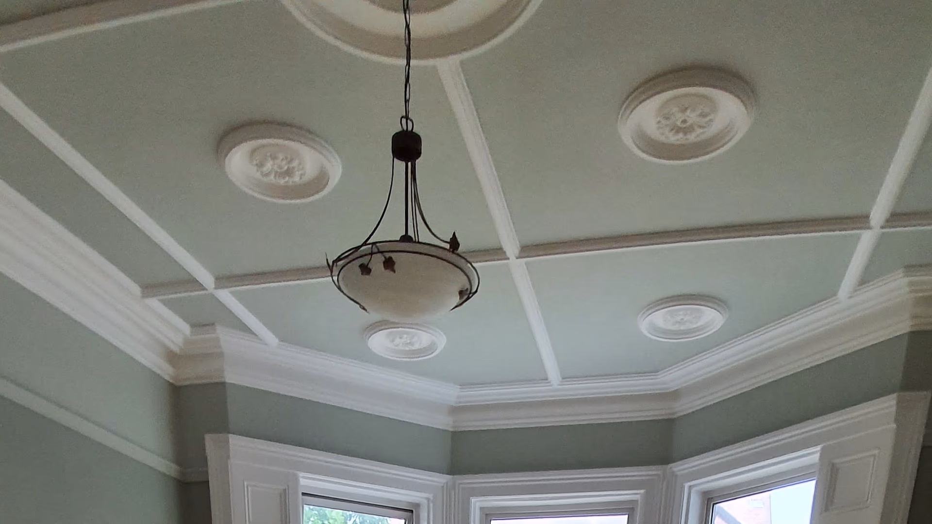 Period room painted in sage green with an ornate ceiling and coving in Dublin