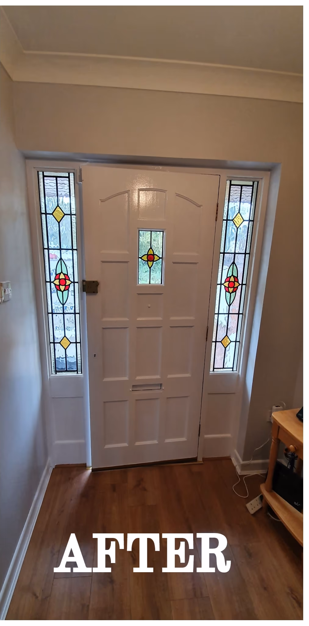 Stained-glass front door repainted white in Dublin