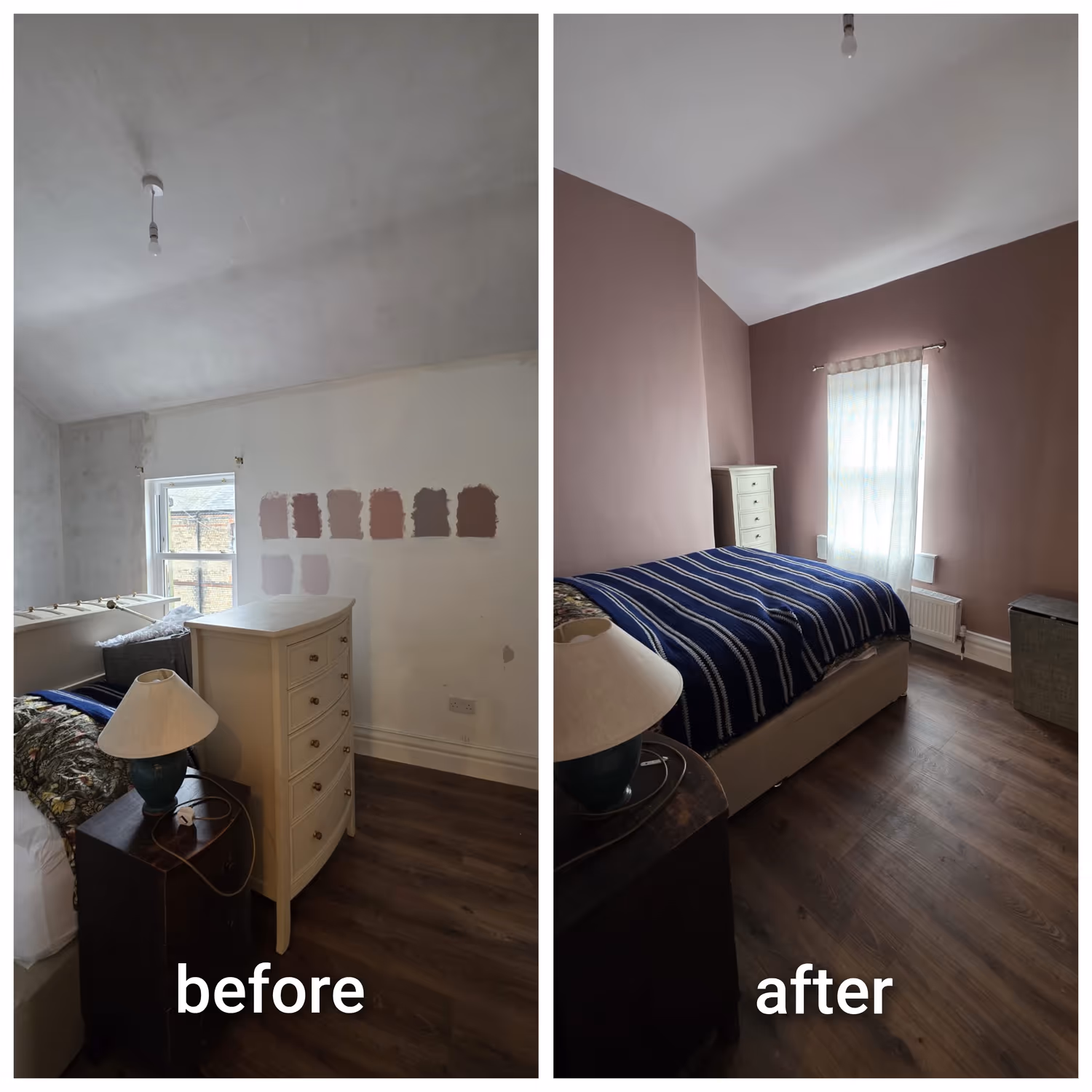 Before and after of a Dublin bedroom repainted in a warm mauve feature colour with a fresh white ceiling