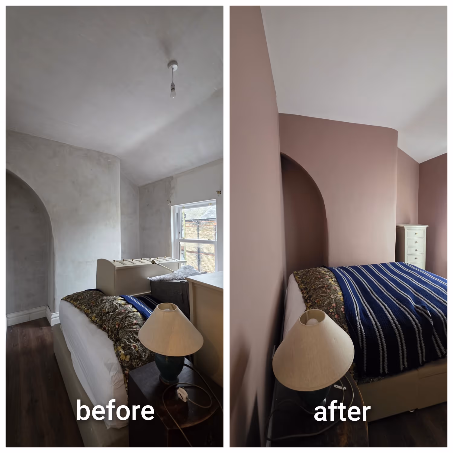 Before and after of a Dublin bedroom painted in a soft mauve with crisp white woodwork