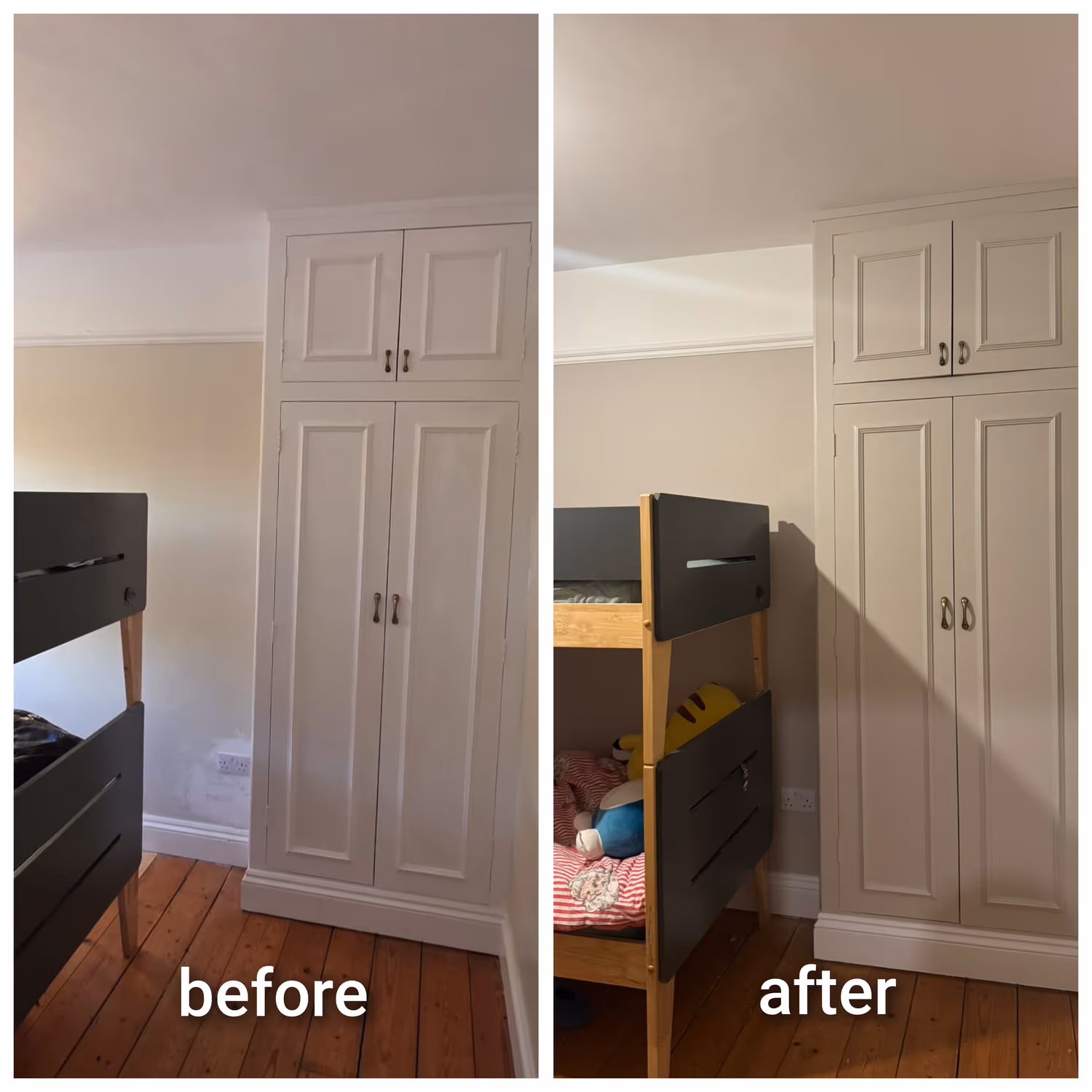 Before and after of a Dublin bedroom with a built-in wardrobe repainted in a soft off-white