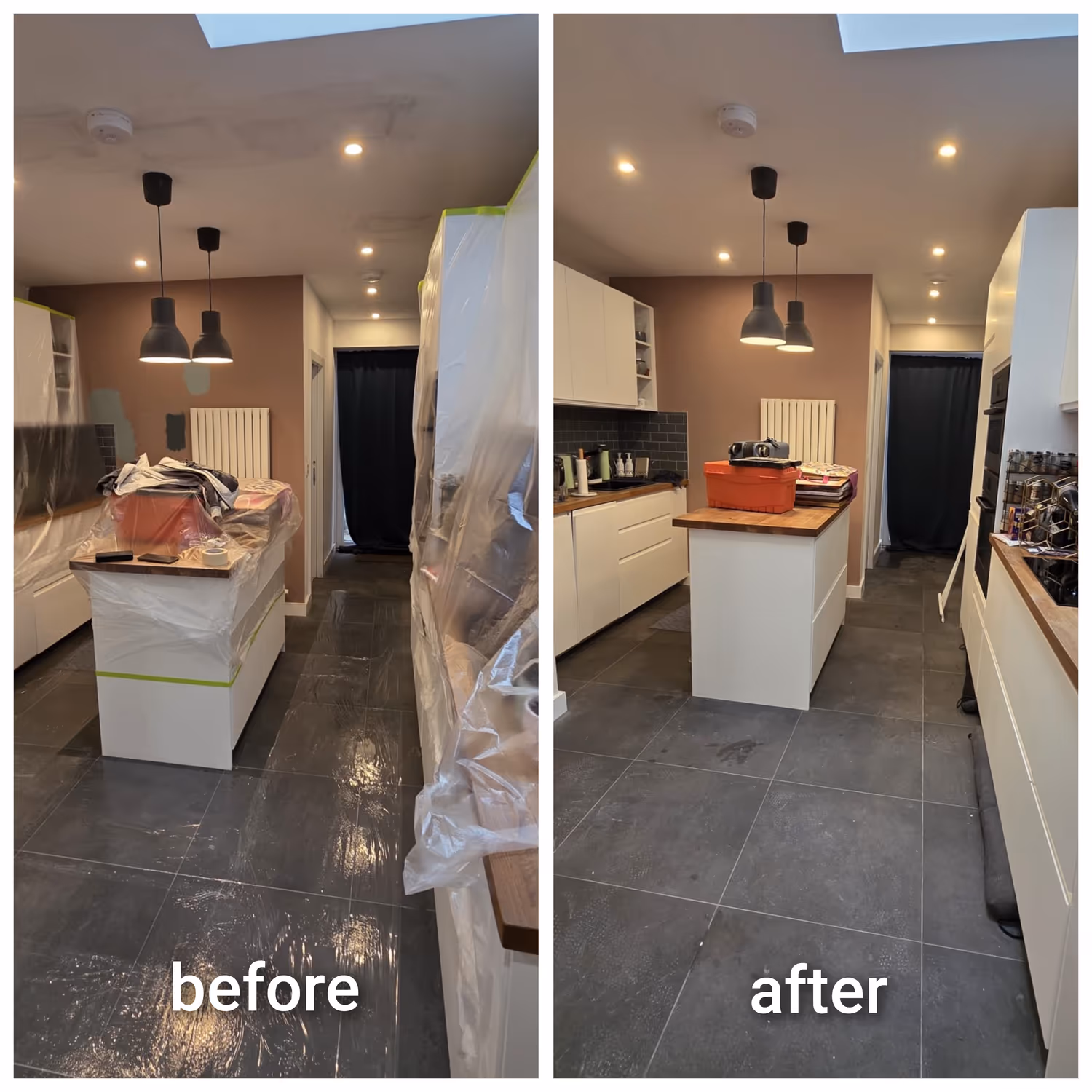 Before and after of a Dublin kitchen with the units and island freshly painted for a modern look