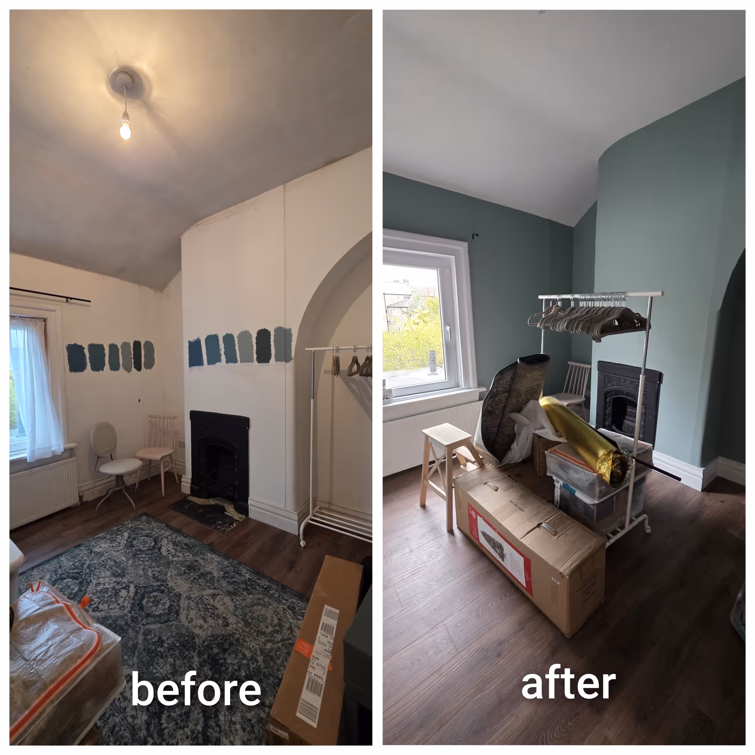 Before and after of a Dublin living room with a green feature wall and freshly painted alcoves