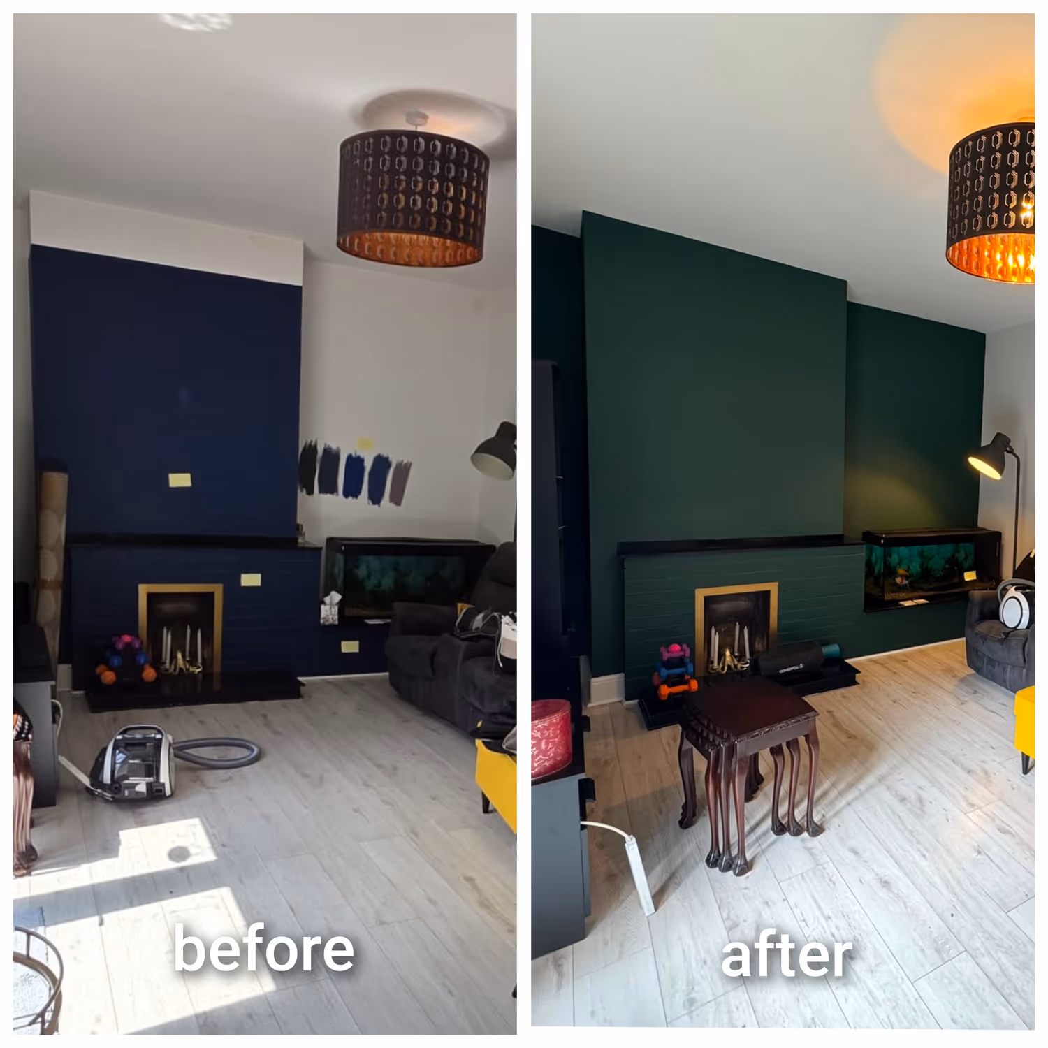 Before and after of a Dublin living room with navy and green feature walls either side of the fireplaces