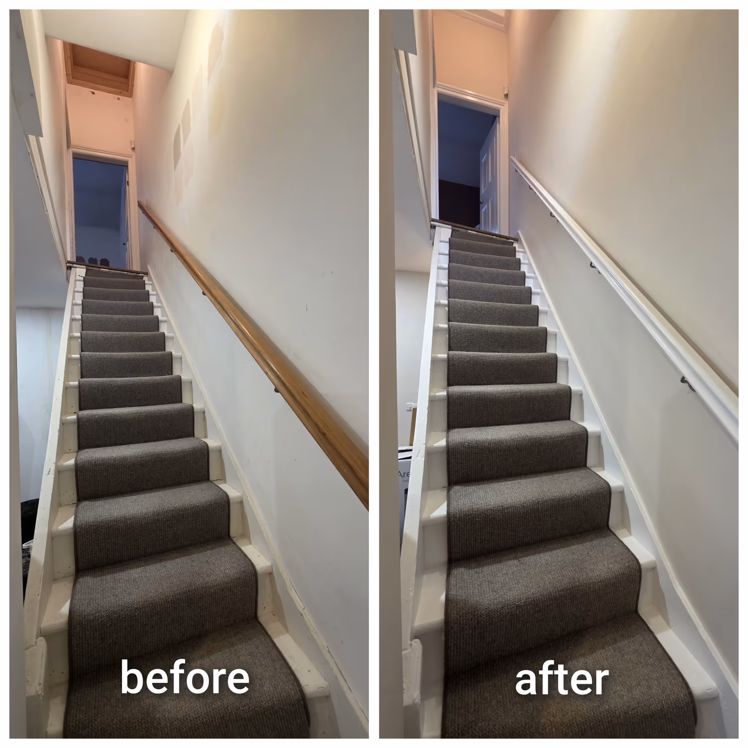 Before and after of a Dublin staircase and landing repainted in clean white after the old dado rail was removed