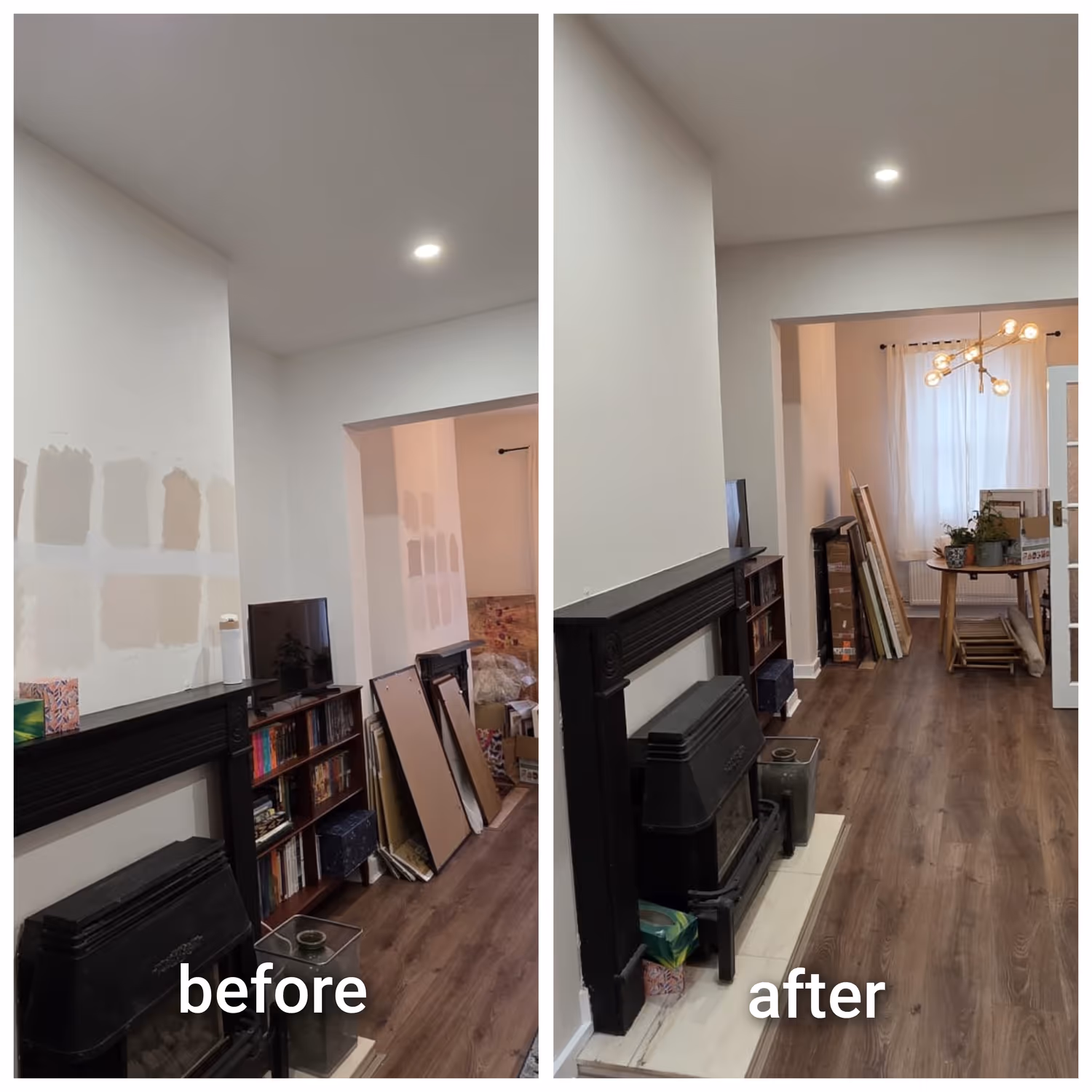 Before and after of a long Dublin hallway repainted through to the kitchen in a bright neutral