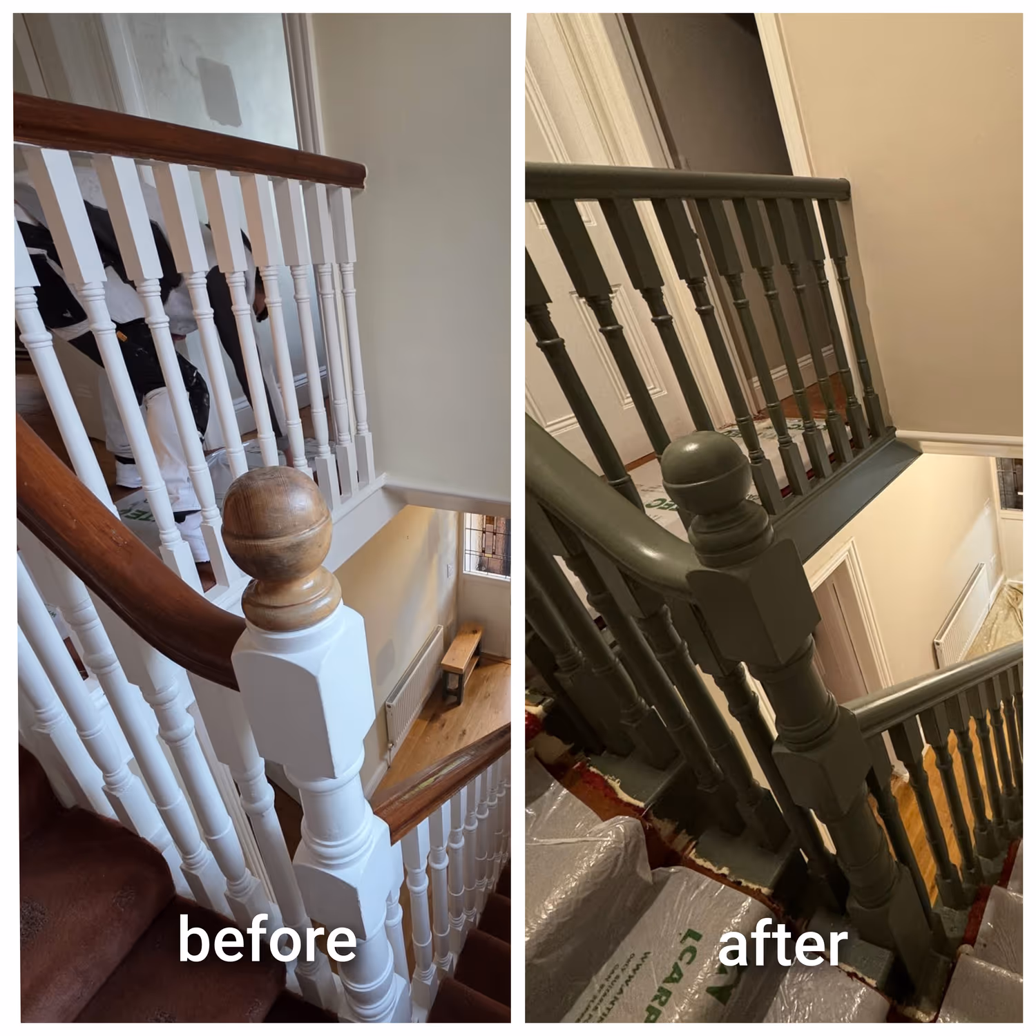 Before and after of a Dublin staircase banister and spindles painted in a deep sage green