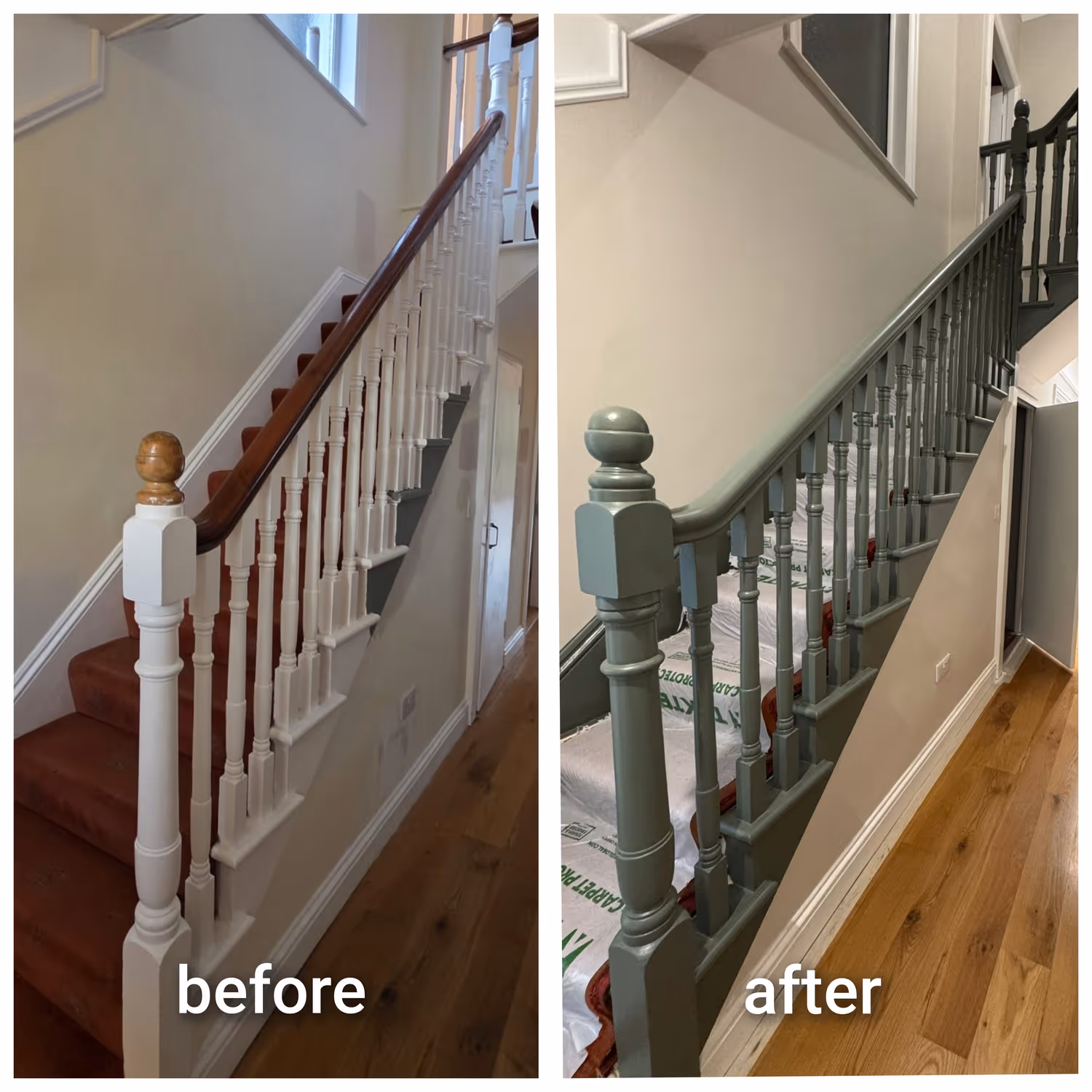 Before and after of a Dublin staircase repainted from white to a sage-green banister and spindles