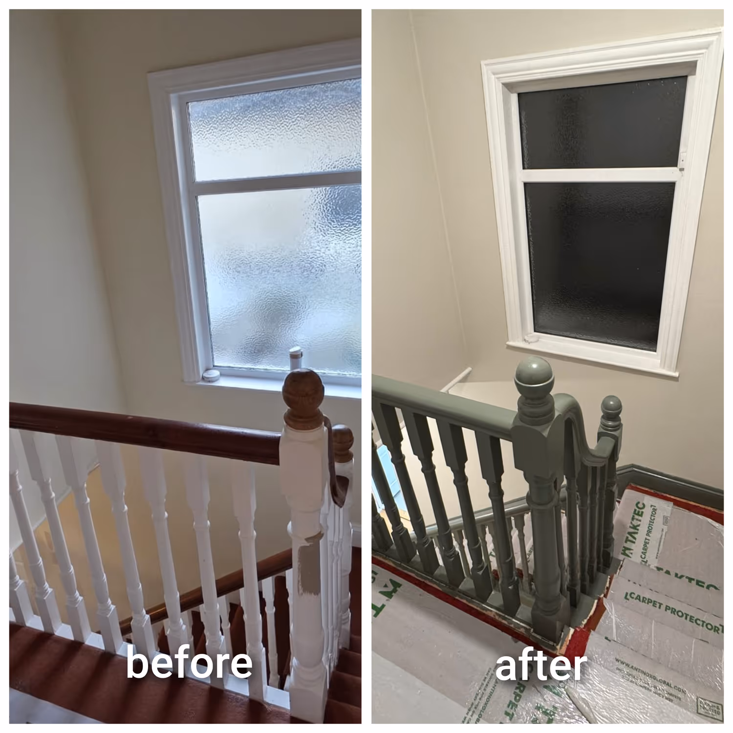 Before and after of a Dublin landing with the banister repainted in sage green