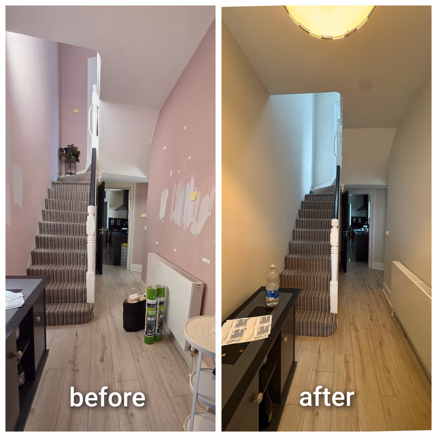 Before and after of a Dublin staircase and hall repainted in a clean neutral