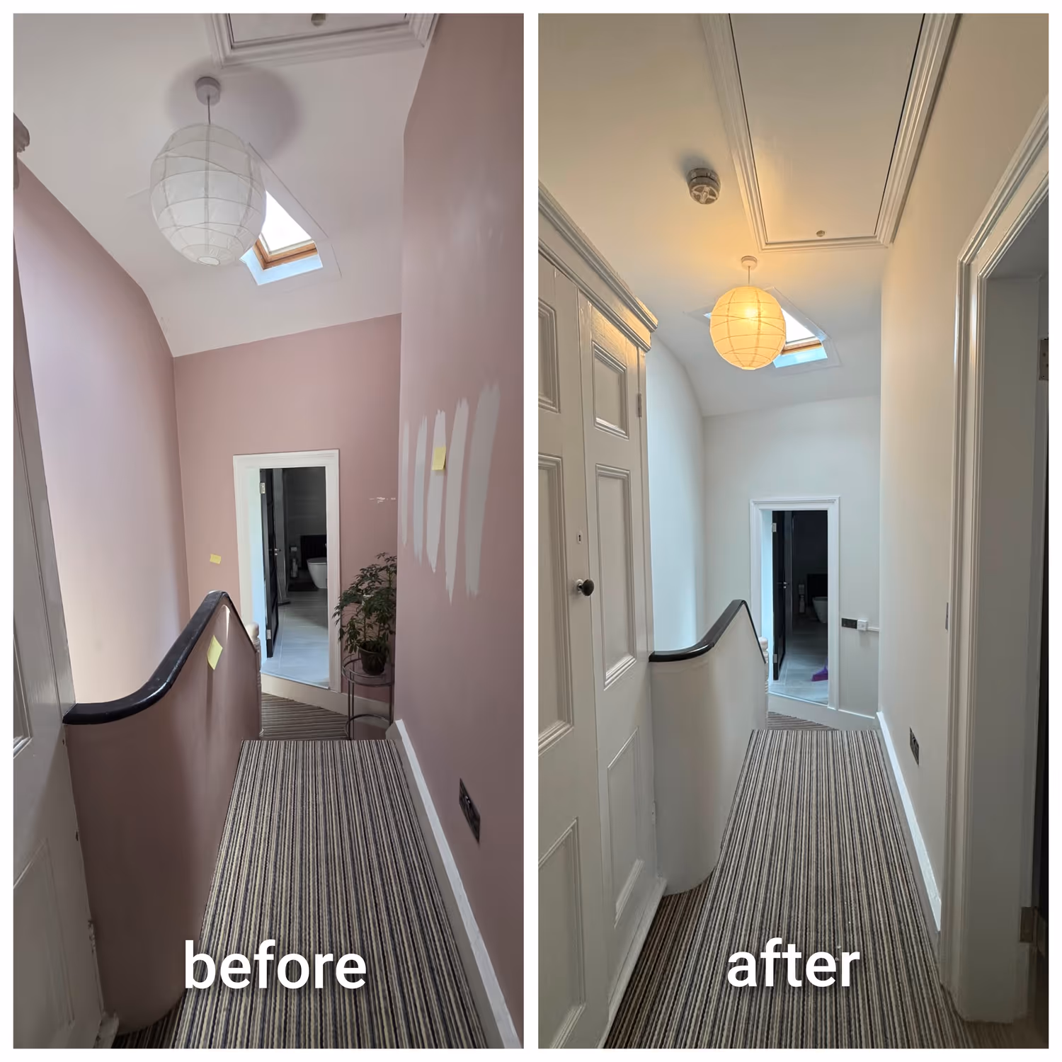 Before and after of a Dublin landing beneath a skylight repainted in a soft neutral