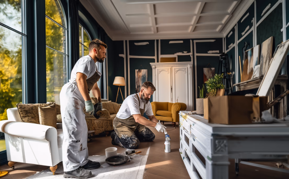 Painter spray painting a wooden chest of drawers to a smooth factory finish in a Dublin workshop